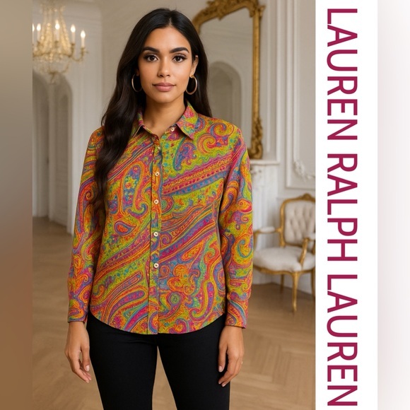 Lauren Ralph Lauren 100% Cotton Women's Dopamine Bright Multicolor Paisley Top - Picture 2 of 5